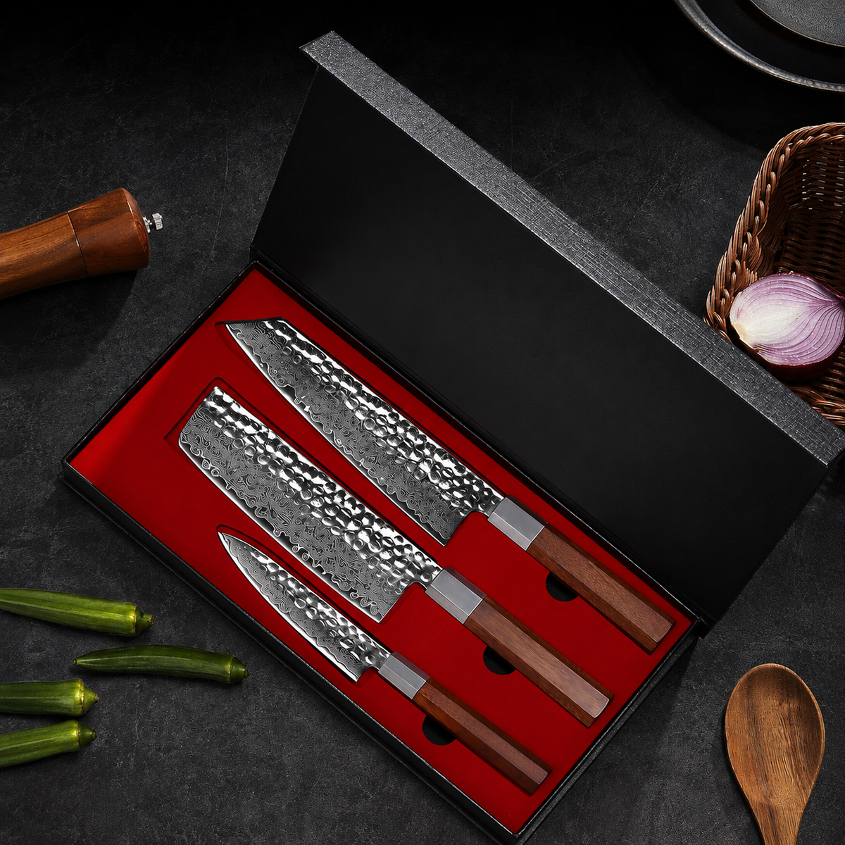 VEYUNA Knife Set 3-Piece – Damascus Steel, Rosewood Handles for Fresh Food Prep