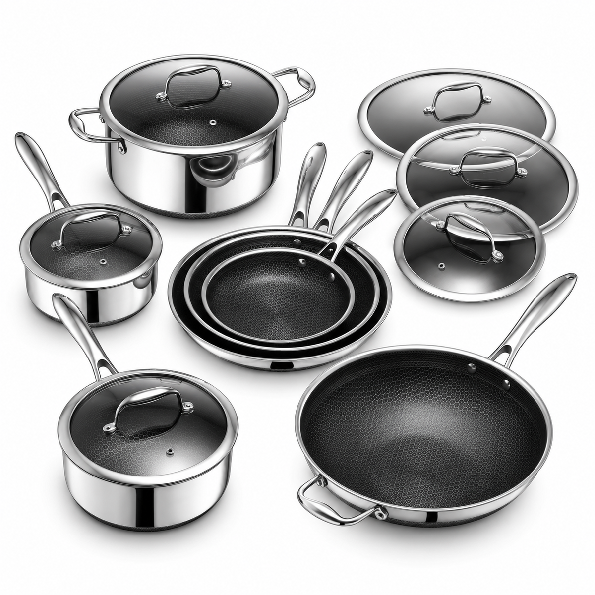 VEYUNA Hybrid Cookware Set 13-Piece Nonstick Pots Pans with Lids Stainless Steel Handles