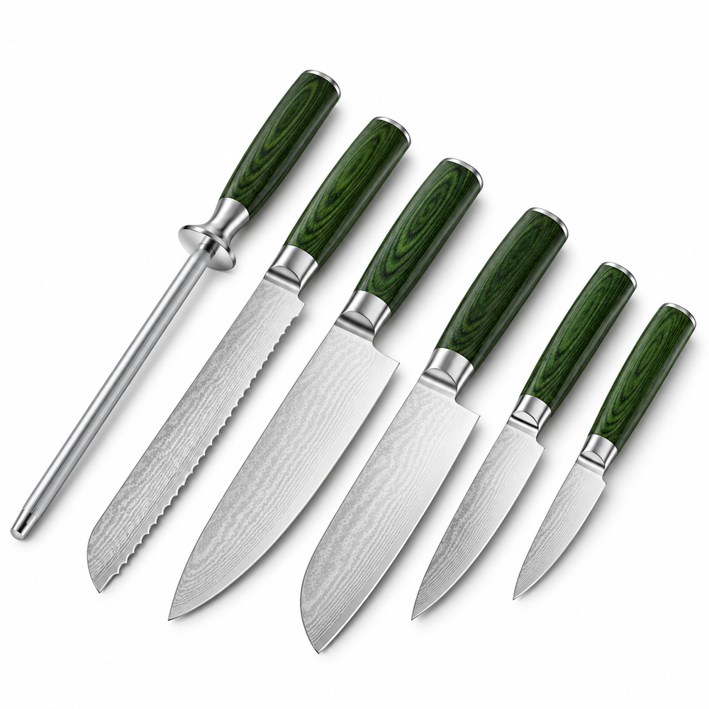 VEYUNA Japanese Damascus Steel Knife Set 6-Piece with Honing Rod and Green Handles