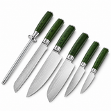 VEYUNA Japanese Damascus Steel Knife Set 6-Piece with Honing Rod and Green Handles