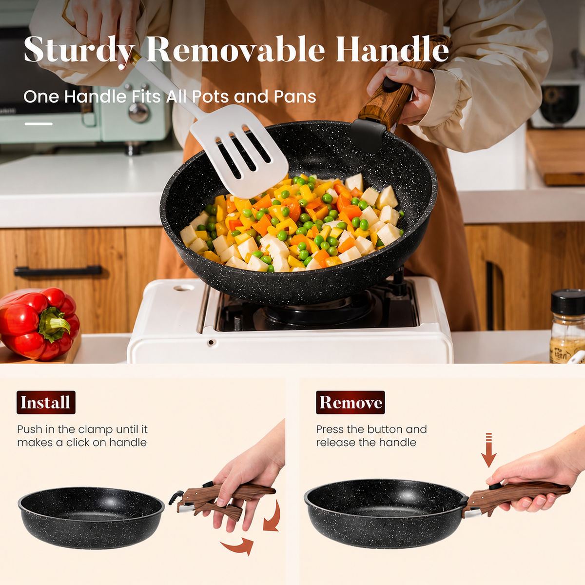 VEYUNA 10-Piece Nonstick Cookware Set, Removable Handle, Stackable, Meal Prep