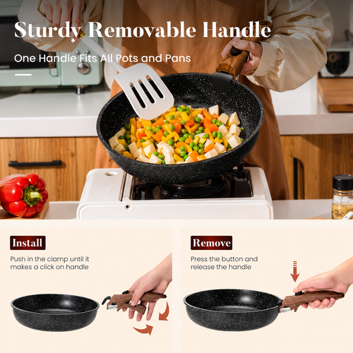 VEYUNA 10-Piece Nonstick Cookware Set, Removable Handle, Stackable, Meal Prep