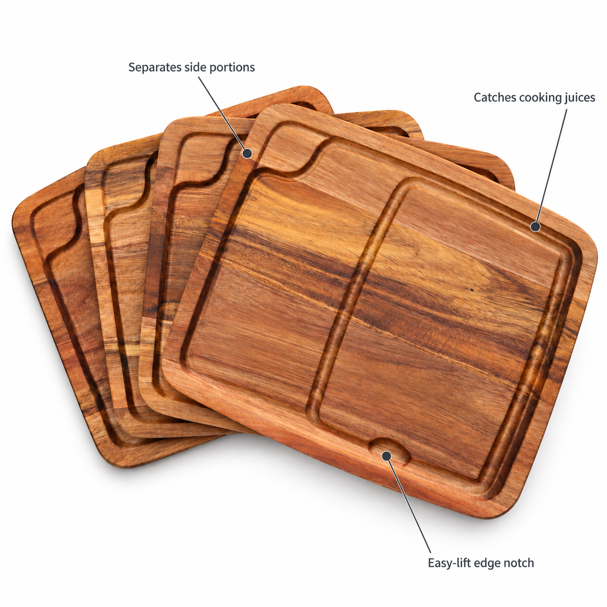 VEYUNA Bistecca Plate Set 4-Piece Wooden Steak Serving Boards with Juice Grooves