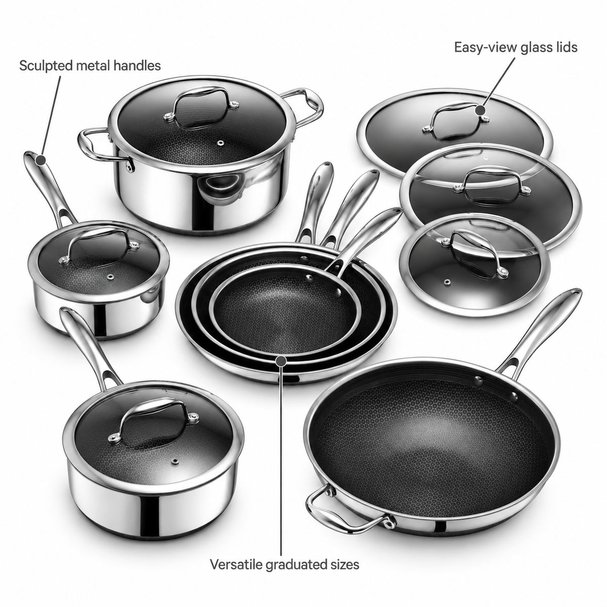 VEYUNA Hybrid Cookware Set 13-Piece Nonstick Pots Pans with Lids Stainless Steel Handles