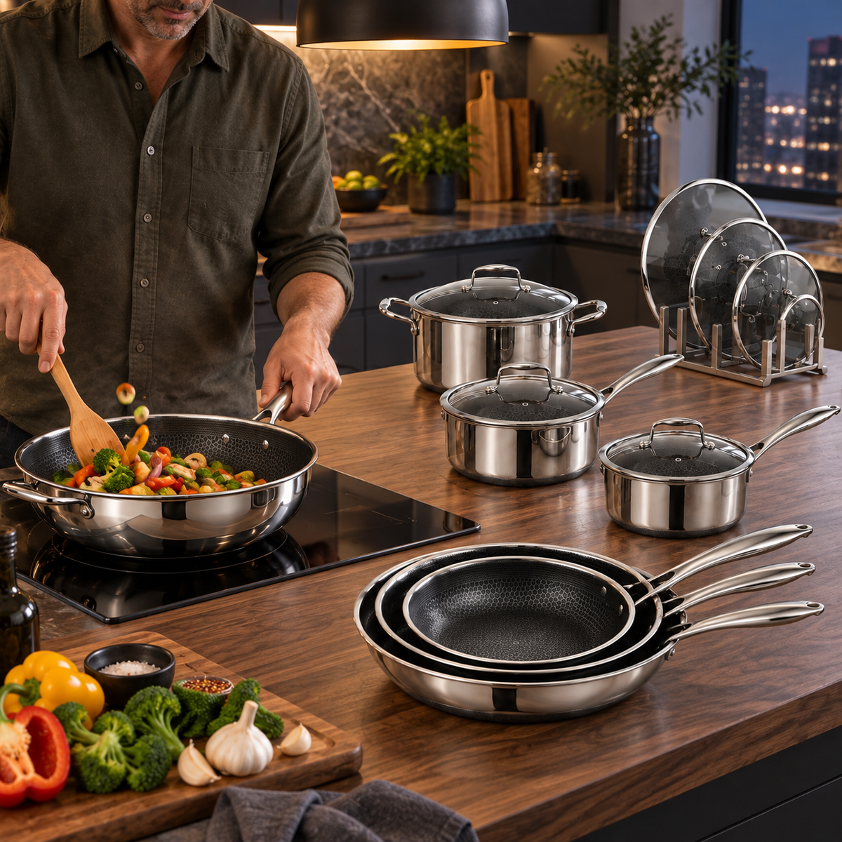 VEYUNA Hybrid Cookware Set 13-Piece Nonstick Pots Pans with Lids Stainless Steel Handles