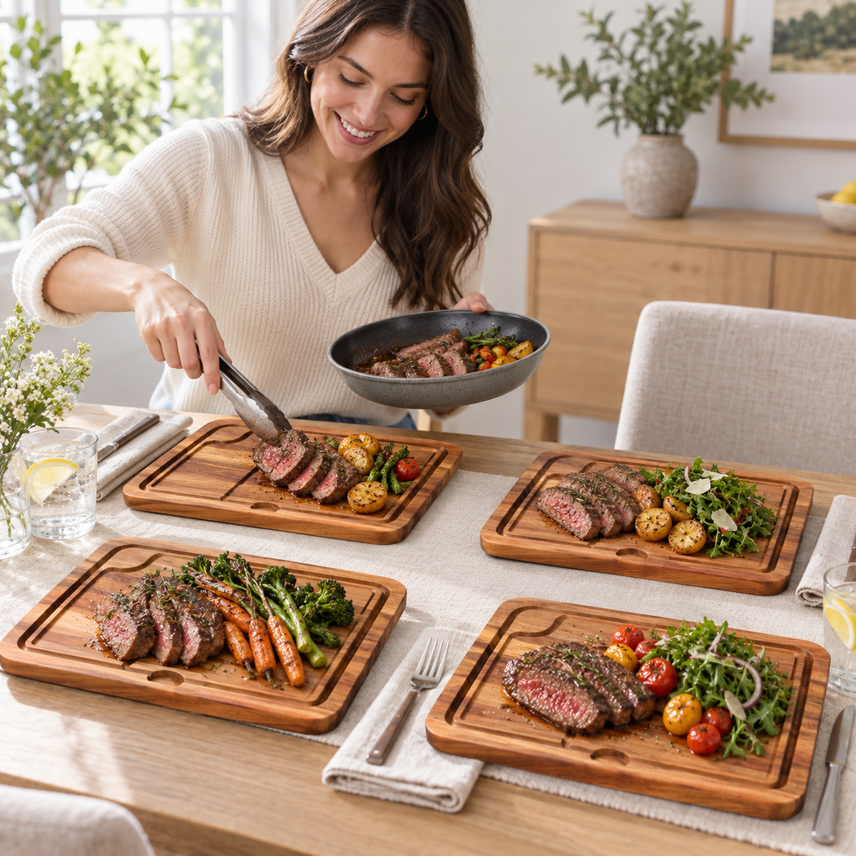 VEYUNA Bistecca Plate Set 4-Piece Wooden Steak Serving Boards with Juice Grooves