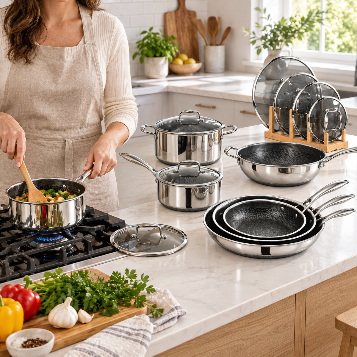 VEYUNA Hybrid Cookware Set 13-Piece Nonstick Pots Pans with Lids Stainless Steel Handles