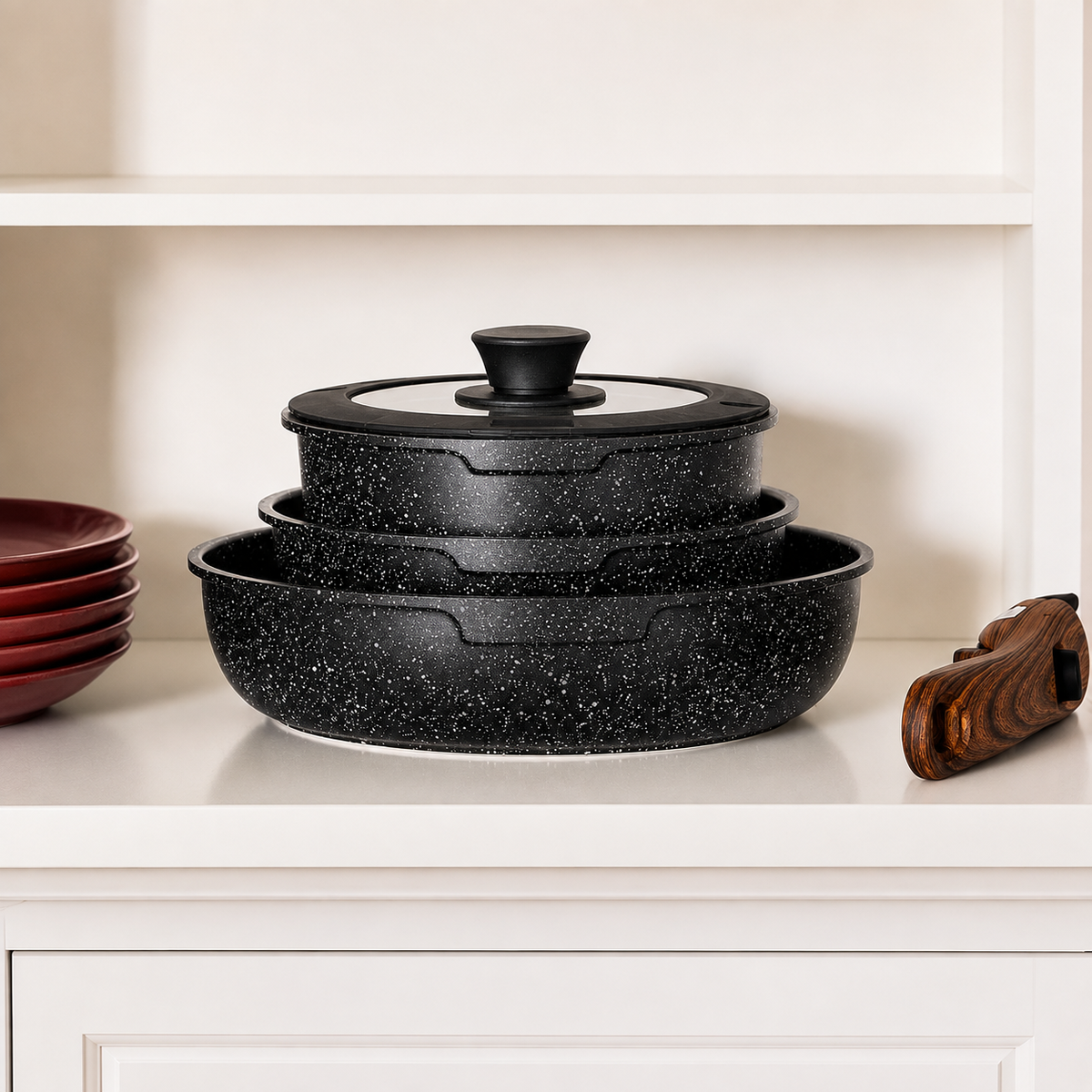 VEYUNA 10-Piece Nonstick Cookware Set, Removable Handle, Stackable, Meal Prep