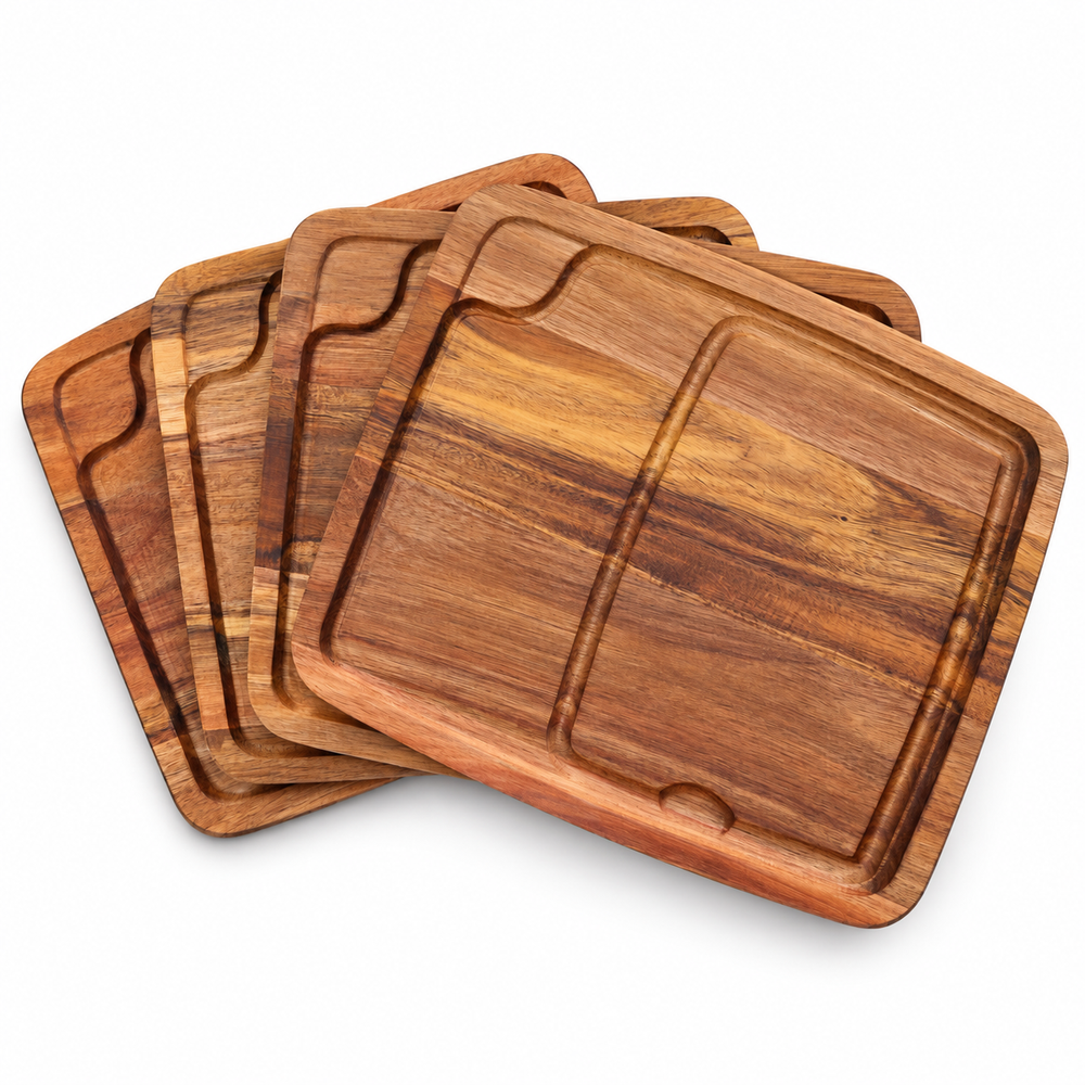 VEYUNA Bistecca Plate Set 4-Piece Wooden Steak Serving Boards with Juice Grooves
