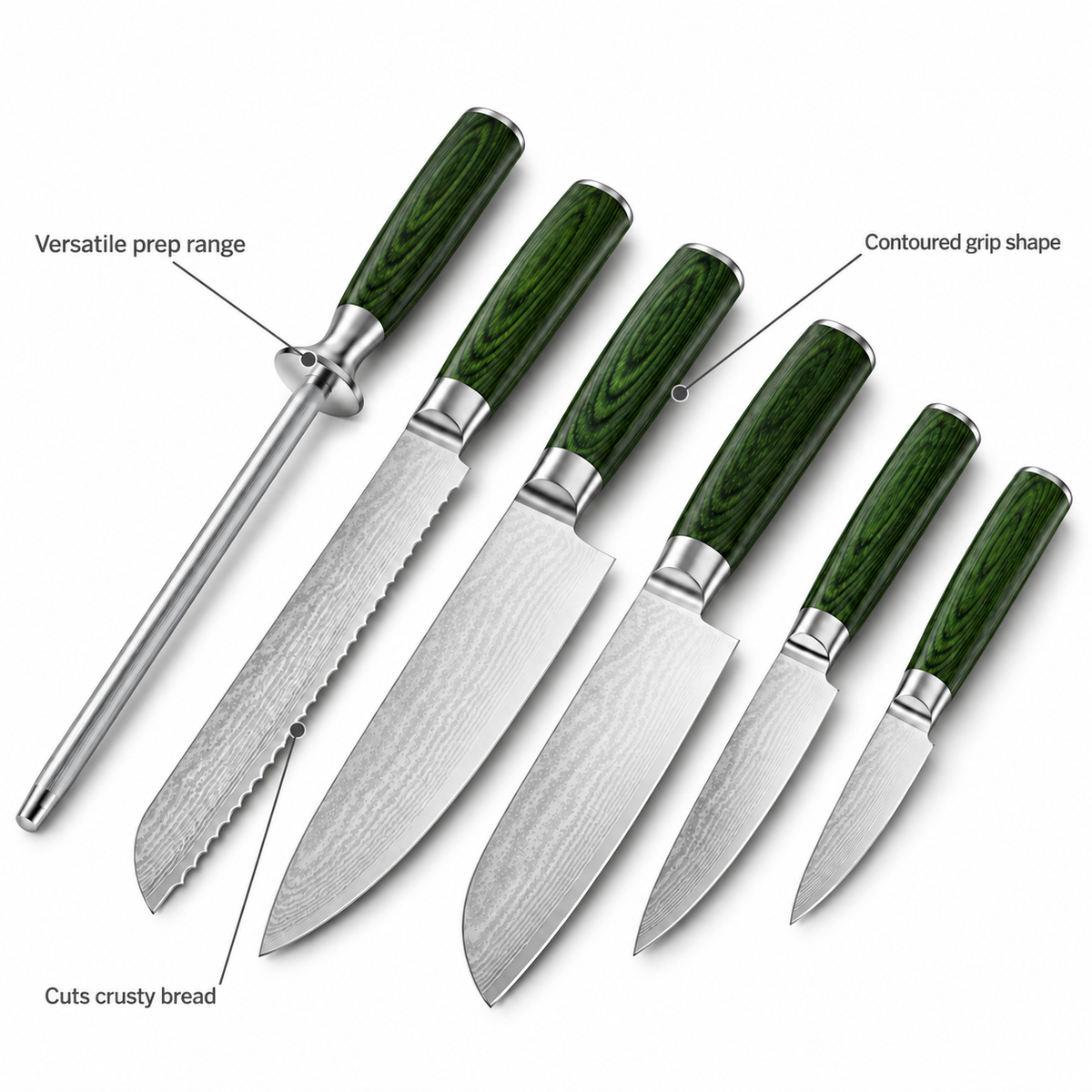 VEYUNA Japanese Damascus Steel Knife Set 6-Piece with Honing Rod and Green Handles