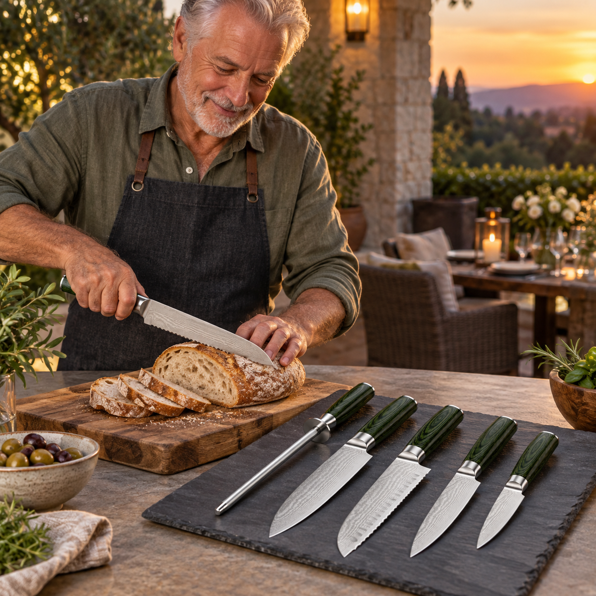 VEYUNA Japanese Damascus Steel Knife Set 6-Piece with Honing Rod and Green Handles