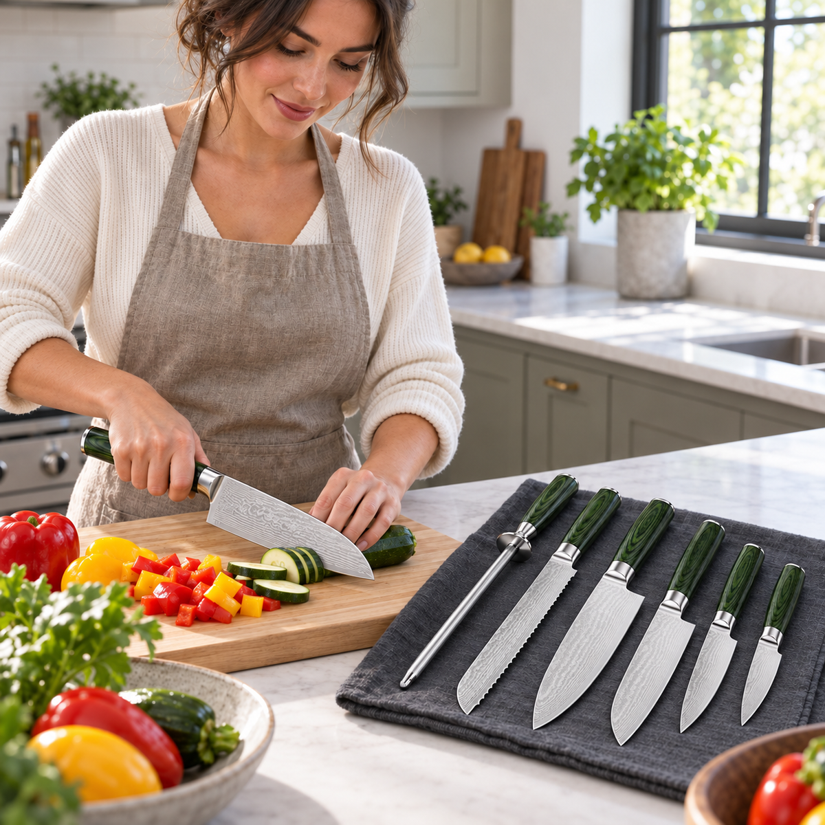 VEYUNA Japanese Damascus Steel Knife Set 6-Piece with Honing Rod and Green Handles