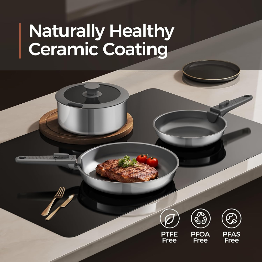 VEYUNA Ceramic Cookware Set, 5-Piece Nonstick Induction Pots & Pans for Meal Prep