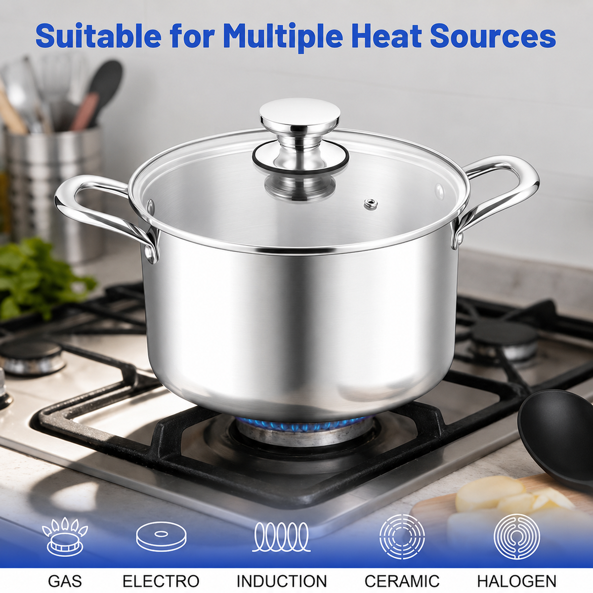 VEYUNA Stock Pot – 5.8L Tri-Ply Stainless Steel with Lid for Food Prep