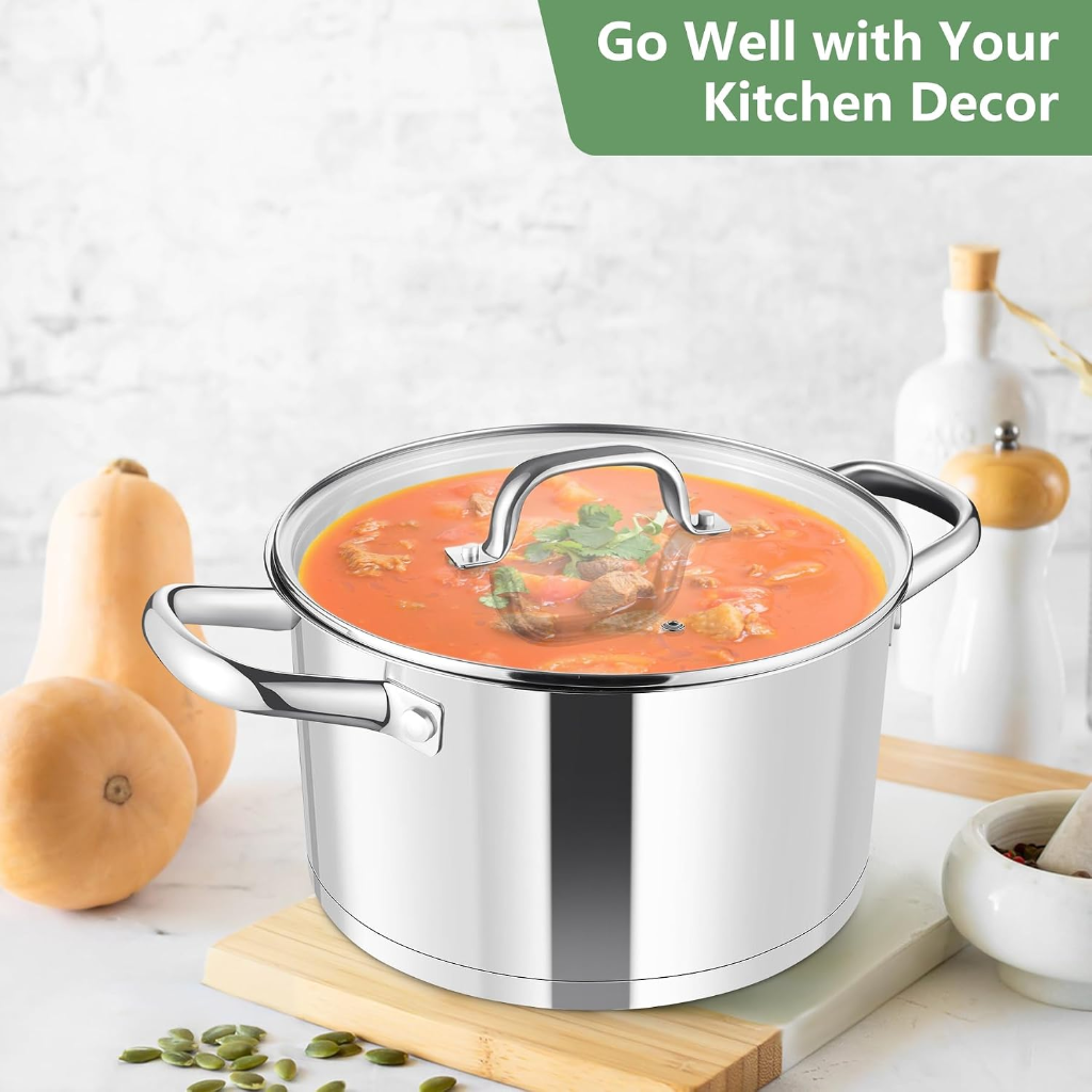 VEYUNA Stock Pot – 7.8L Tri-Ply Stainless Steel with Lid for Food Prep