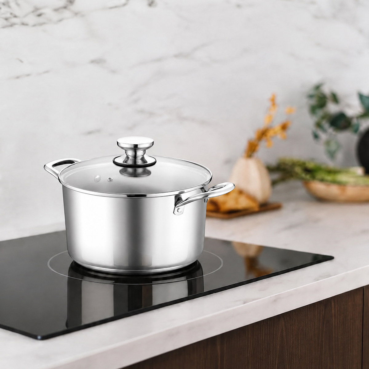 VEYUNA Stock Pot – 5.8L Tri-Ply Stainless Steel with Lid for Food Prep