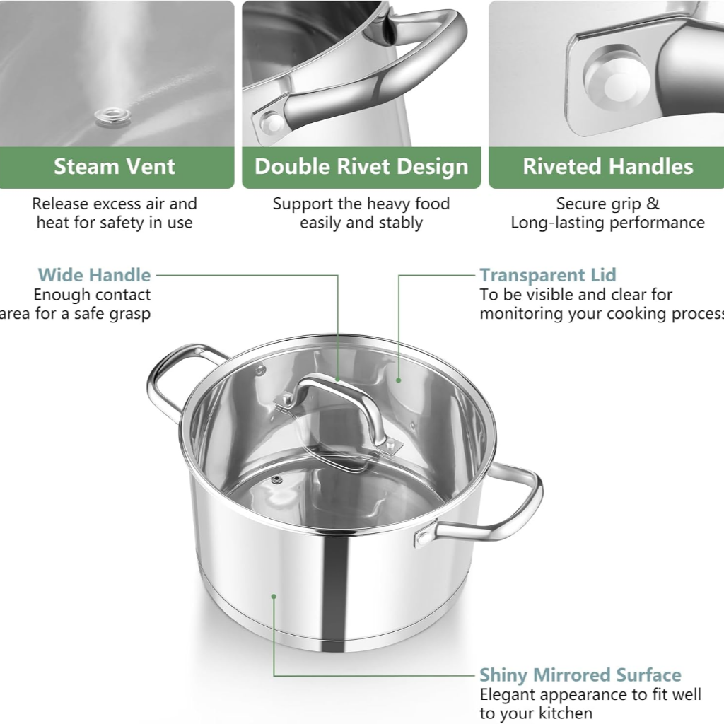 VEYUNA Stock Pot – 7.8L Tri-Ply Stainless Steel with Lid for Food Prep