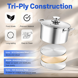 VEYUNA Stock Pot – 5.8L Tri-Ply Stainless Steel with Lid for Food Prep