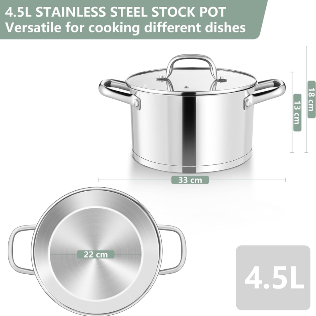 VEYUNA Stock Pot – 4.5L Tri-Ply Stainless Steel with Lid for Food Prep