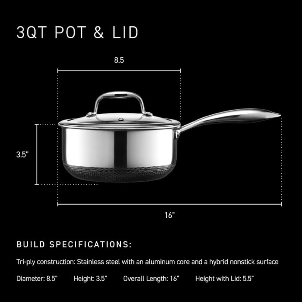 VEYUNA 3L Hybrid Nonstick Saucepan with Lid - Induction Food Prep Pot