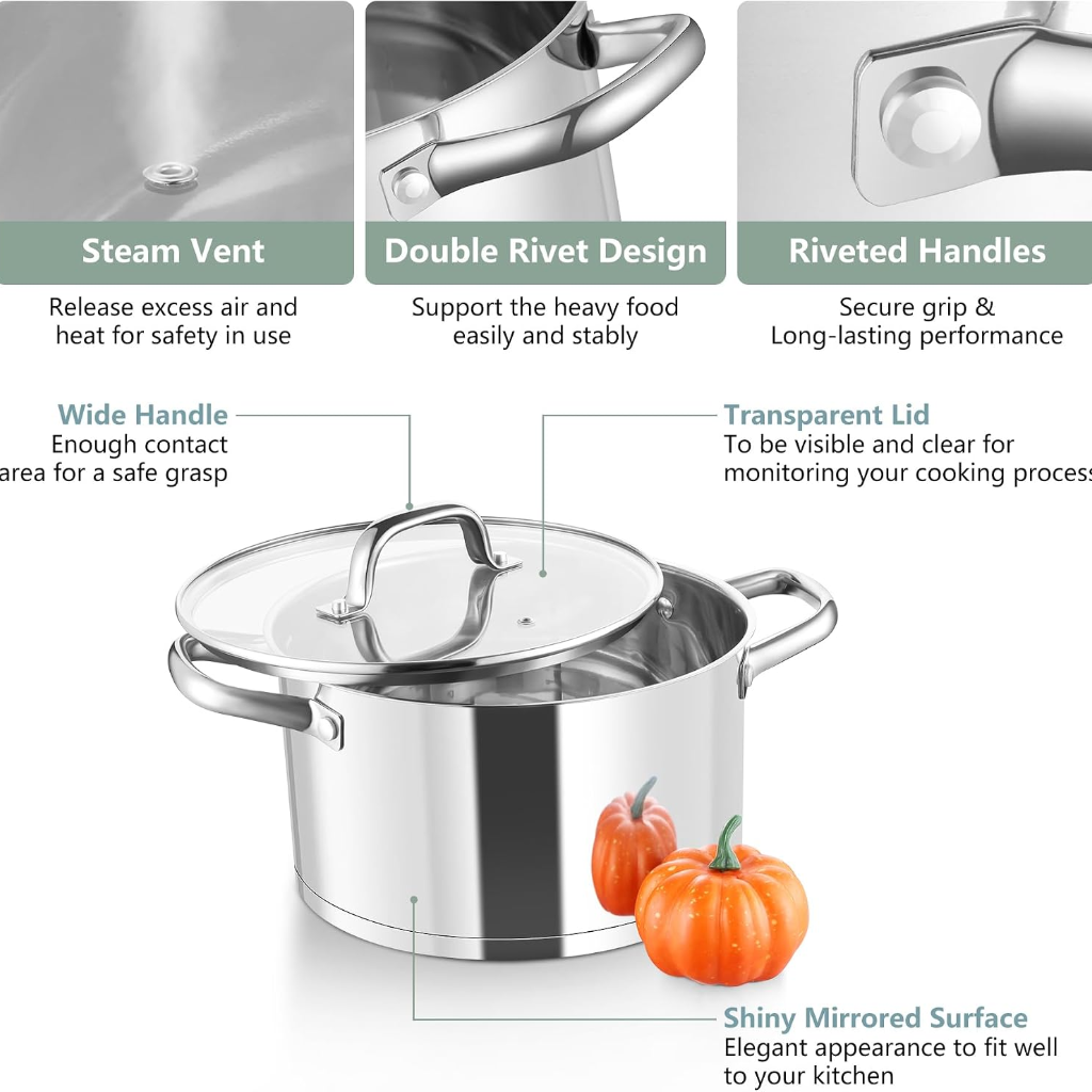 VEYUNA Stock Pot – 4.5L Tri-Ply Stainless Steel with Lid for Food Prep
