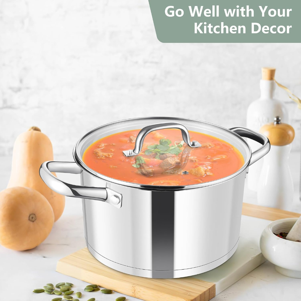 VEYUNA Stock Pot – 4.5L Tri-Ply Stainless Steel with Lid for Food Prep