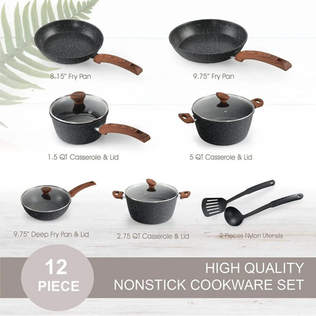 VEYUNA Cookware Set, 12-Piece Nonstick Granite Pots & Pans for Food Prep