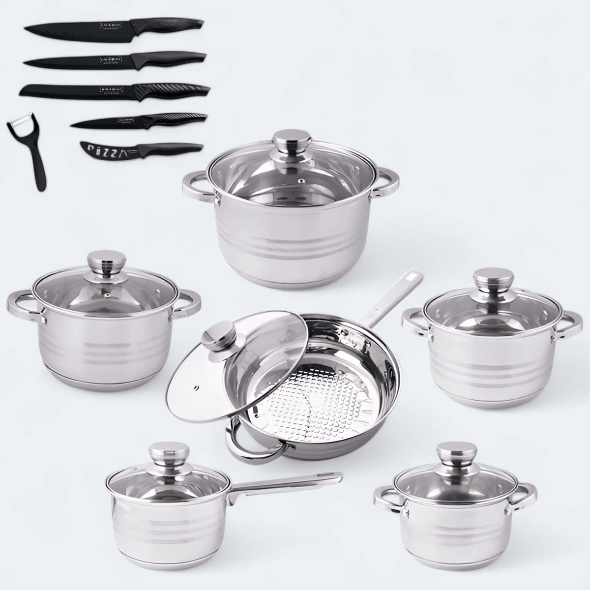 VEYUNA Cookware & Knife Set – Stainless Steel Pots with Granite Knives for Food Prep