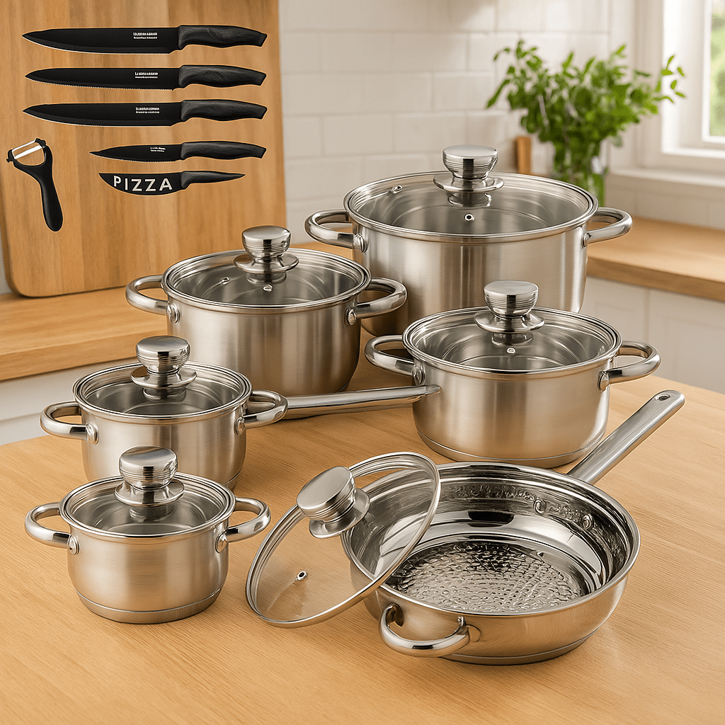 VEYUNA Cookware & Knife Set – Stainless Steel Pots with Granite Knives for Food Prep