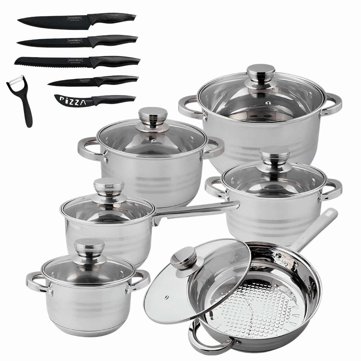 VEYUNA Cookware & Knife Set – Stainless Steel Pots with Granite Knives for Food Prep