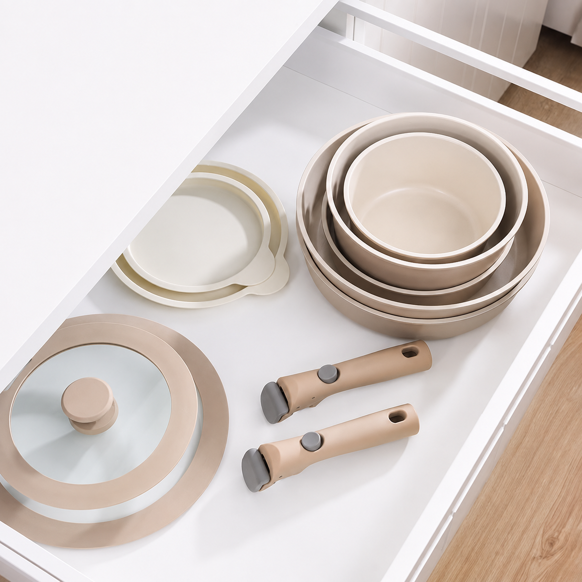 VEYUNA Ceramic Cookware Set 17-Piece, Nonstick, Detachable Handle, Meal Prep