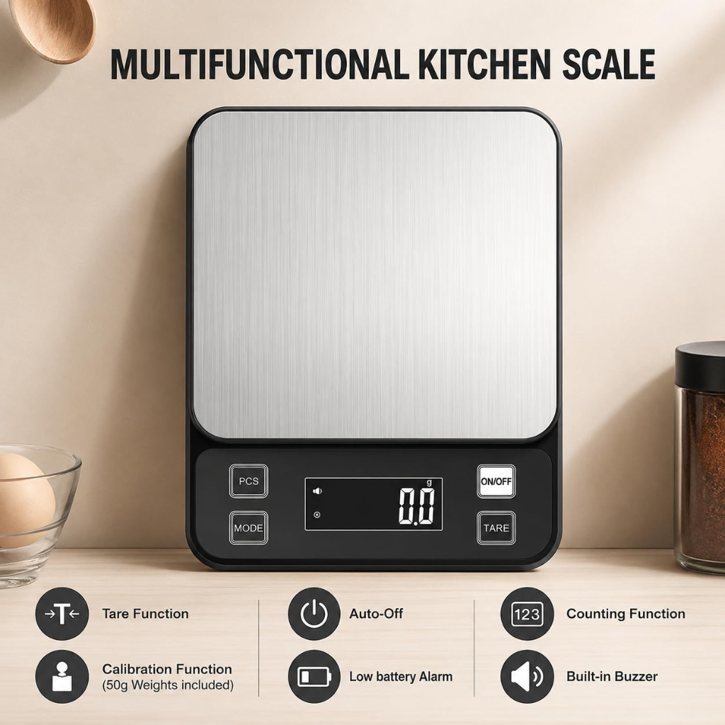 VEYUNA Digital Kitchen Scale – 10kg Waterproof 0.1g Precision for Food Prep