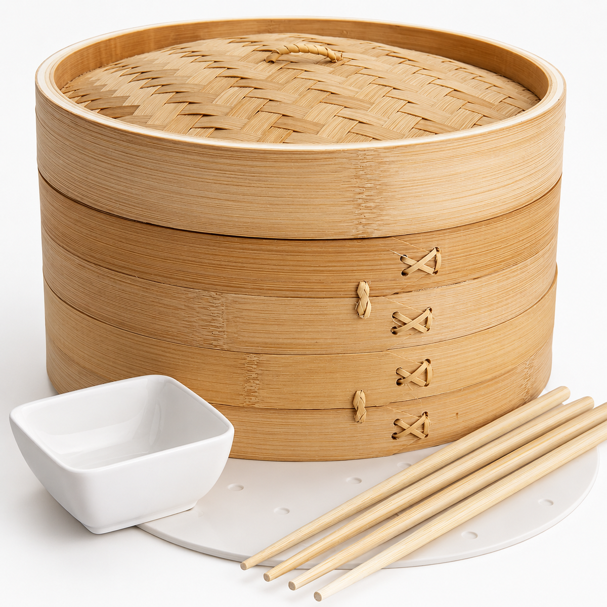 VEYUNA Bamboo Steamer Set, 10-Inch 2-Tier Basket for Food & Vegetables