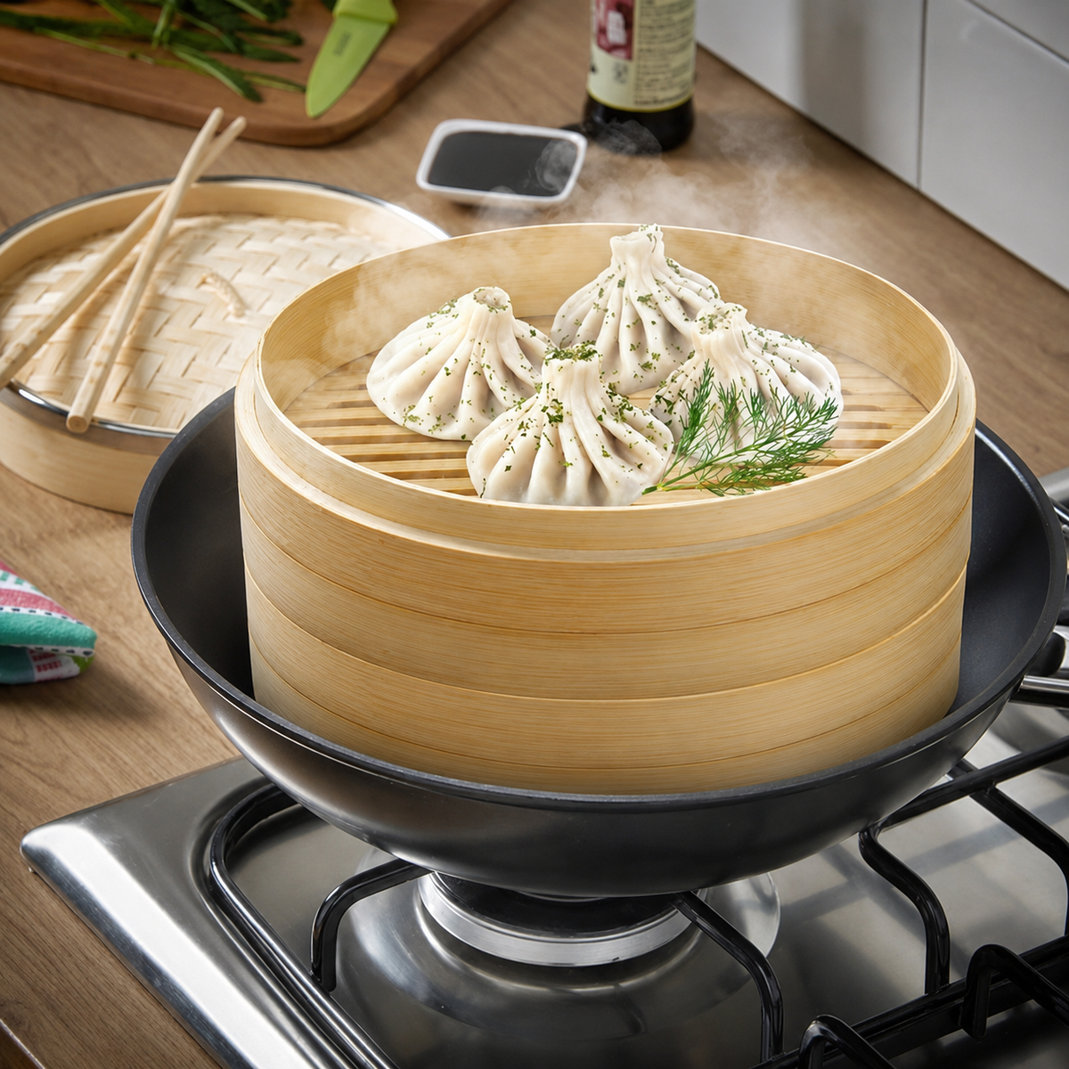 VEYUNA Bamboo Steamer Set, 10-Inch 2-Tier Basket for Food & Vegetables