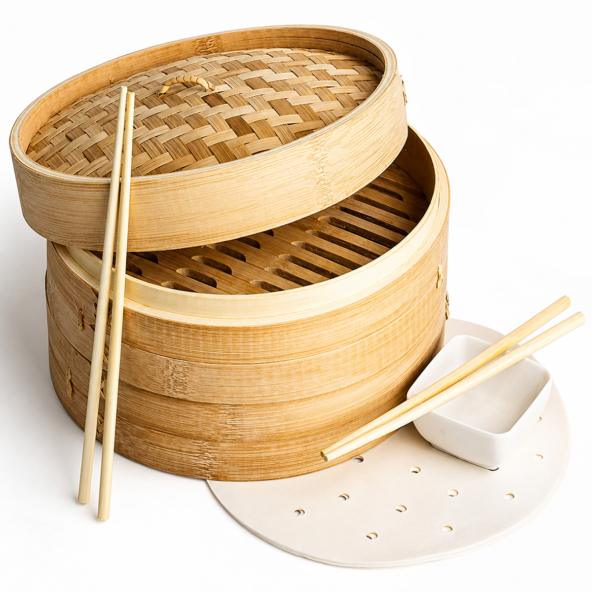 VEYUNA Bamboo Steamer Set, 10-Inch 2-Tier Basket for Food & Vegetables