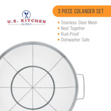 VEYUNA Colander Set, 3-Piece Stainless Steel Mesh Strainers for Food Prep