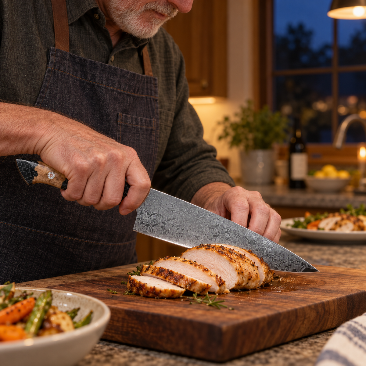 VEYUNA 8-Inch Chef Knife Damascus-Style Blade with Resin Handle and Leather Sheath