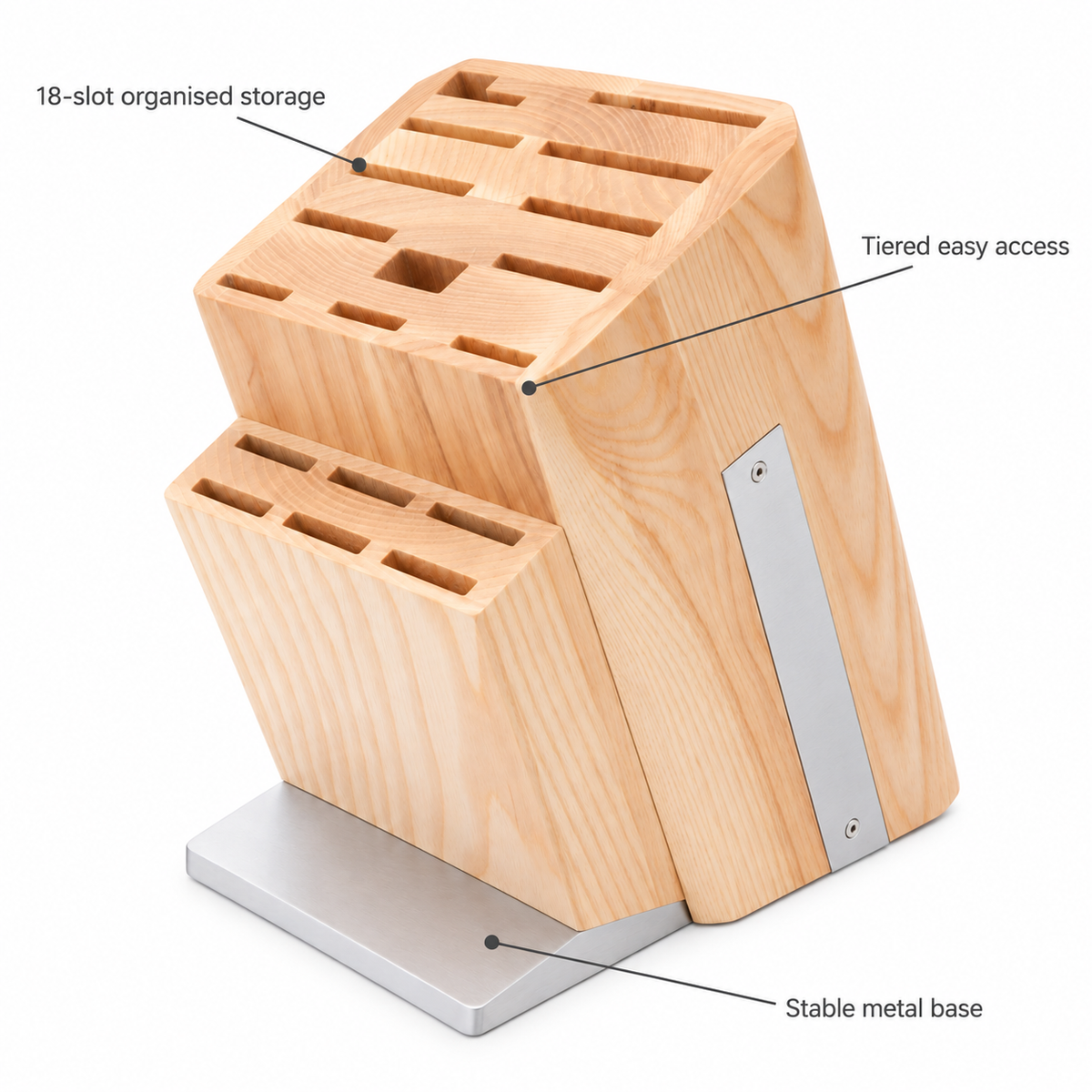VEYUNA Universal Knife Block, 18-Slot Wood Storage Stand with Metal Base