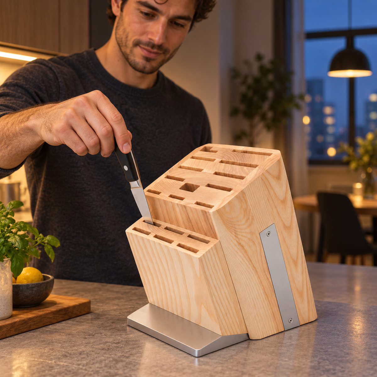 VEYUNA Universal Knife Block, 18-Slot Wood Storage Stand with Metal Base