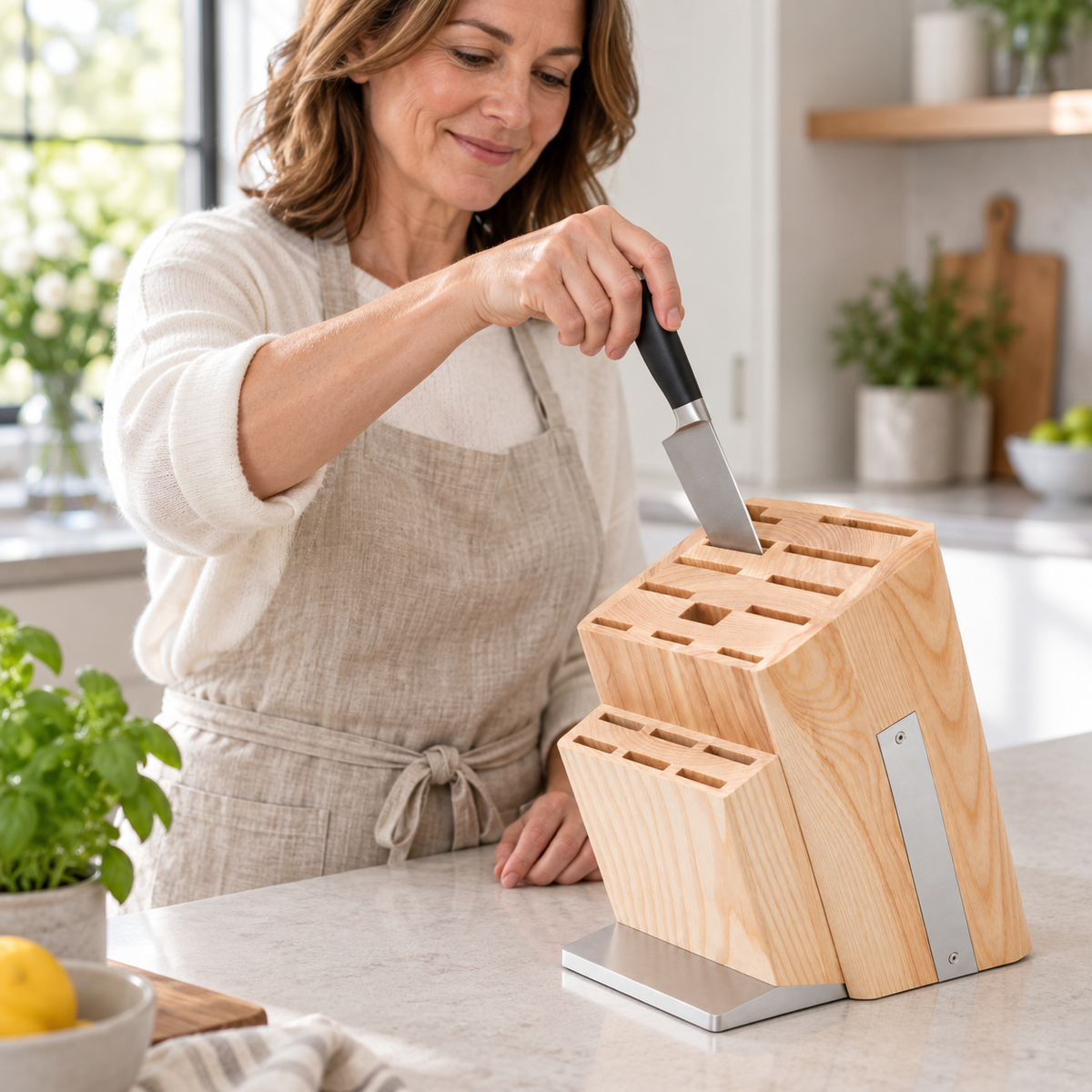 VEYUNA Universal Knife Block, 18-Slot Wood Storage Stand with Metal Base
