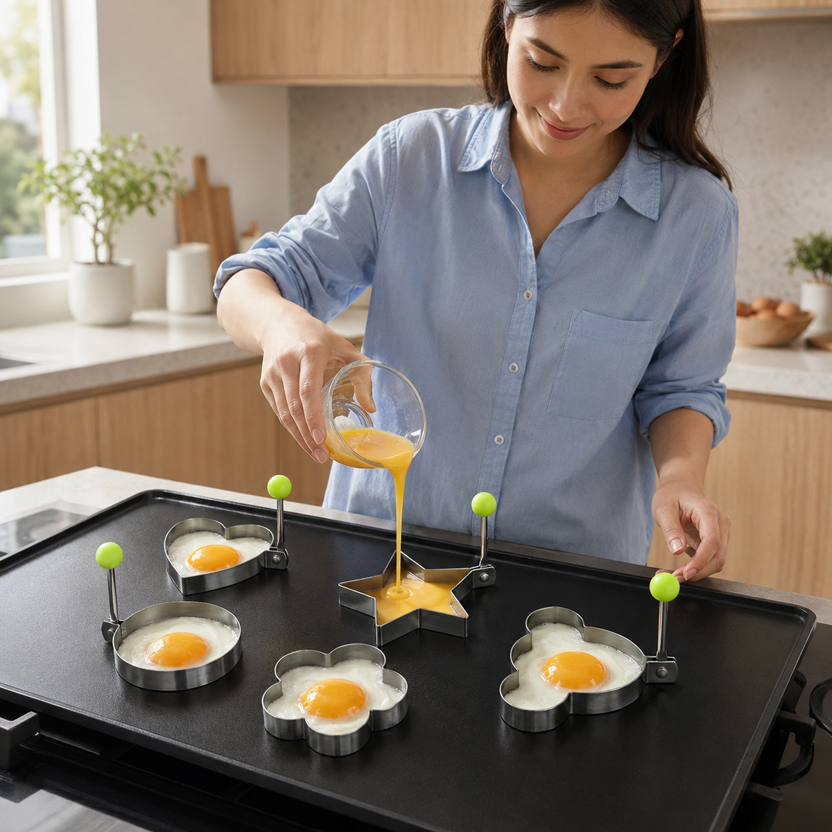 VEYUNA Stainless Steel Fried Egg Molds Set of 4 Nonstick Shaping Rings with Handles