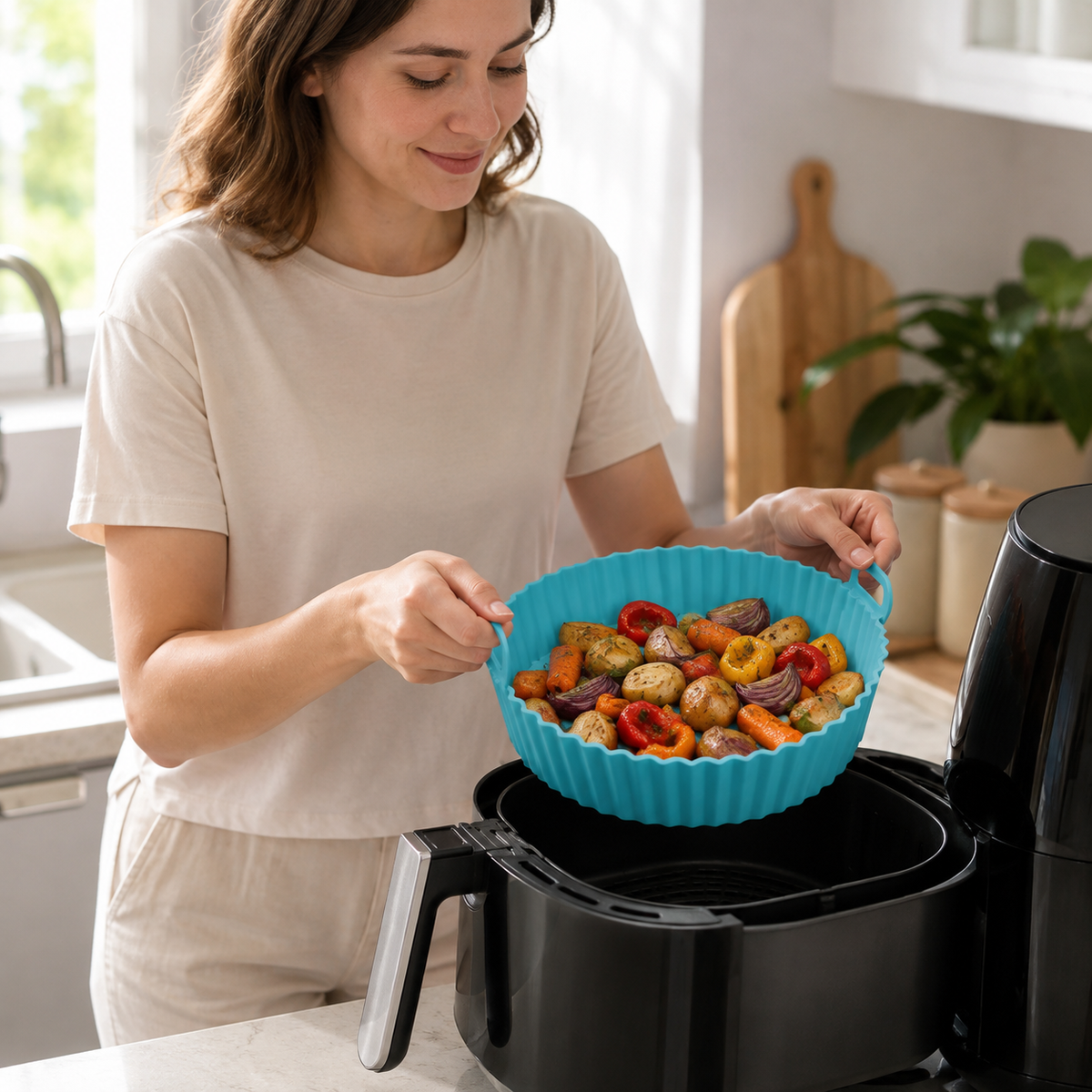 VEYUNA Silicone Air Fryer Basket Reusable 20cm Liner with Handles Heat Resistant