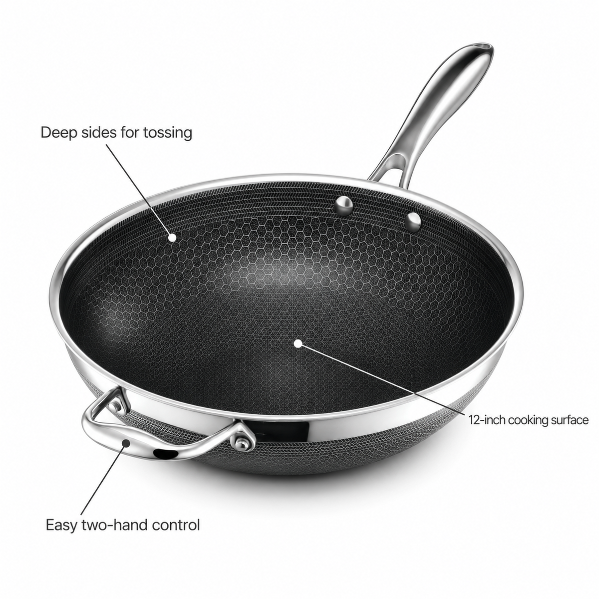 VEYUNA 30 cm Hybrid Wok – Nonstick Stainless Steel Stir-Fry Pan with Helper Handle