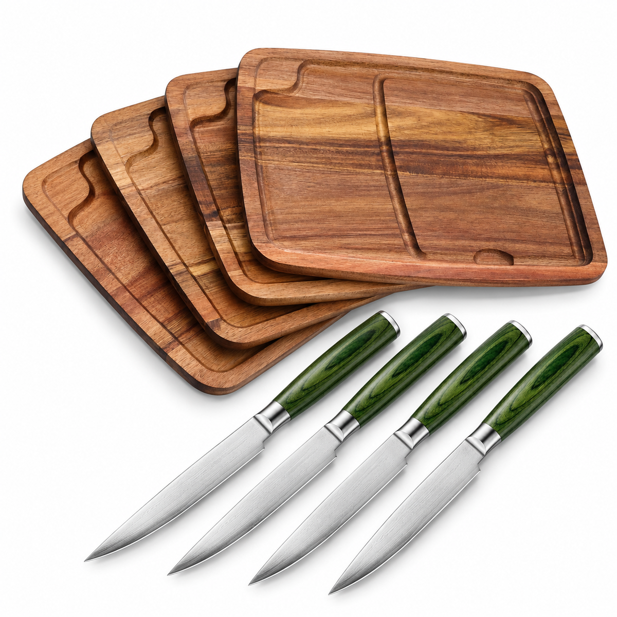 VEYUNA Steak Knife & Bistecca Plate Set 8-Piece with 4 Damascus Knives & Wood Plates