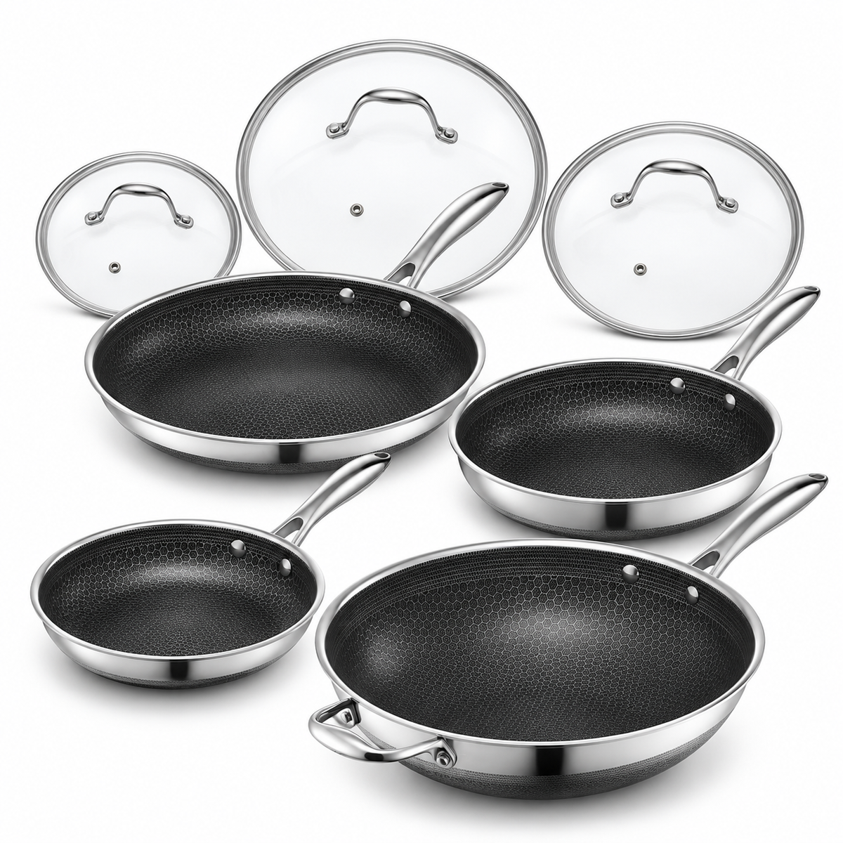 VEYUNA 7-Piece Hybrid Cookware Set – Nonstick Frying Pans, Wok & Glass Lids