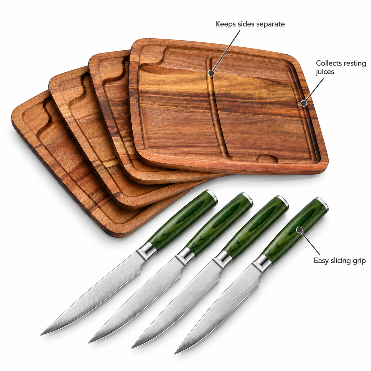 VEYUNA Steak Knife & Bistecca Plate Set 8-Piece with 4 Damascus Knives & Wood Plates