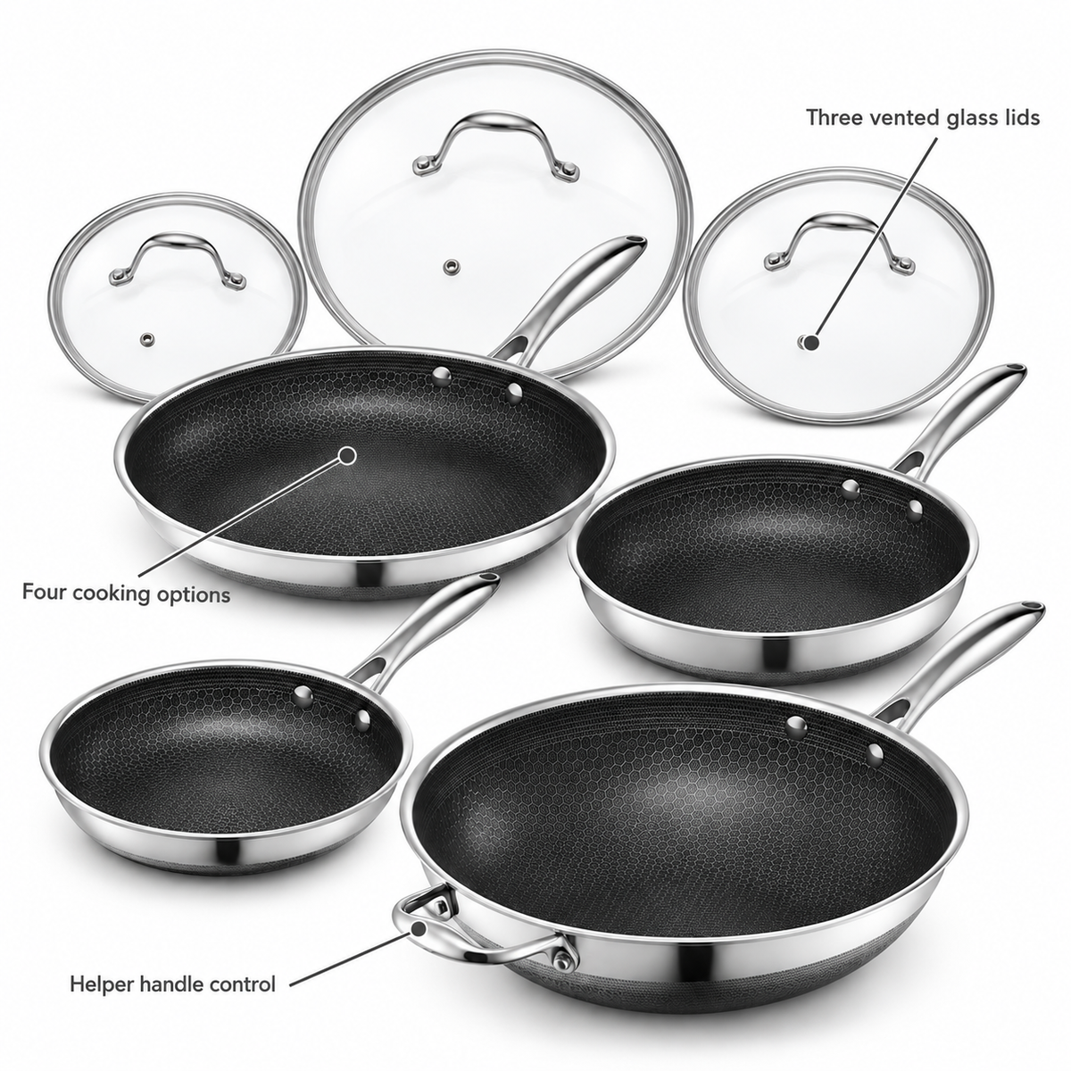 VEYUNA 7-Piece Hybrid Cookware Set – Nonstick Frying Pans, Wok & Glass Lids