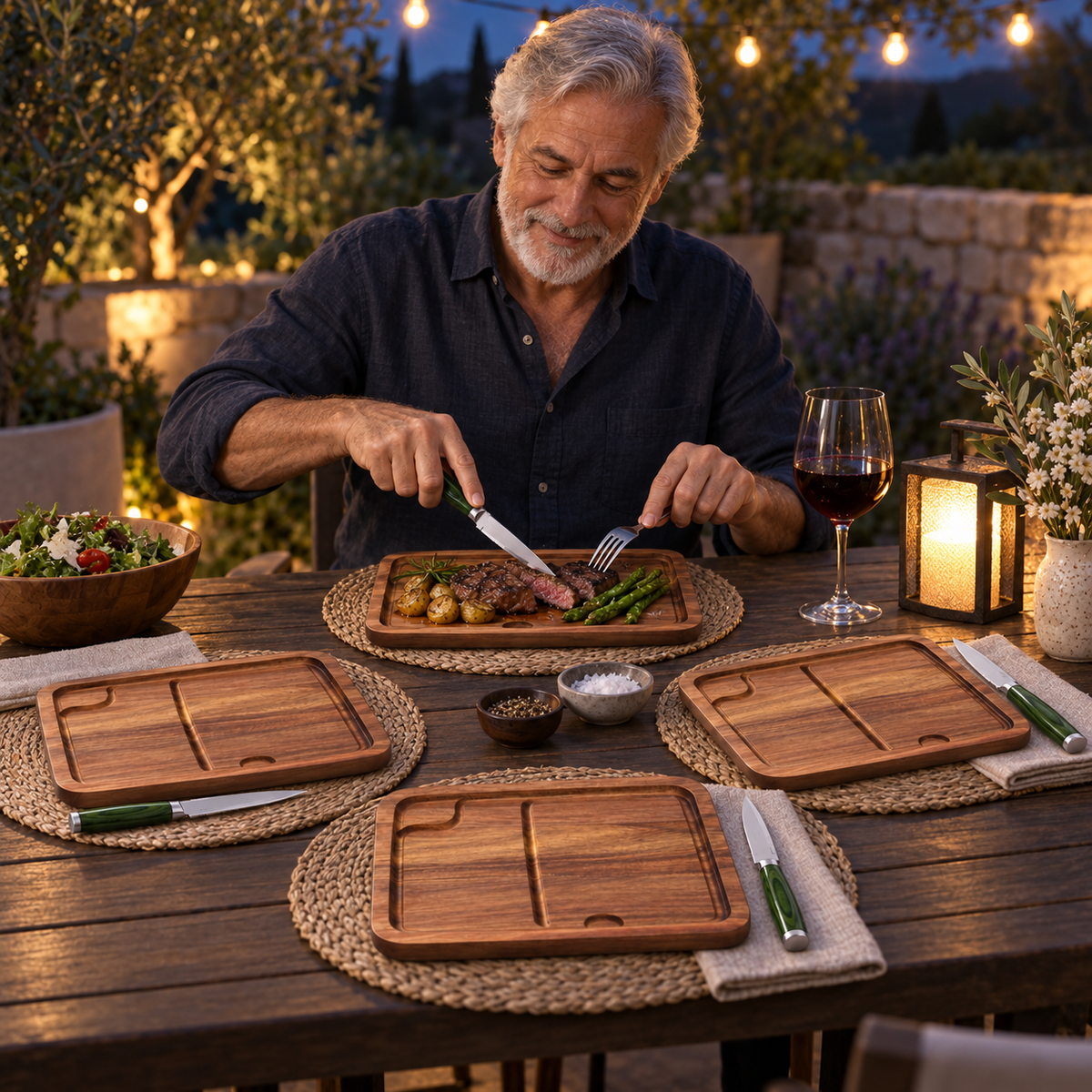 VEYUNA Steak Knife & Bistecca Plate Set 8-Piece with 4 Damascus Knives & Wood Plates