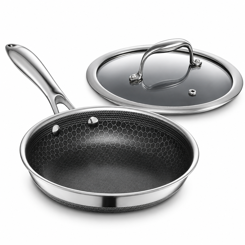VEYUNA 20 cm Hybrid Frying Pan with Lid – Nonstick Stainless Steel Skillet
