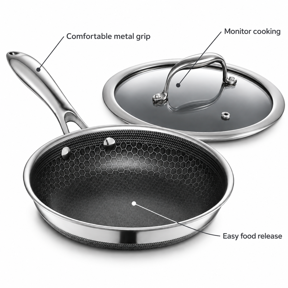 VEYUNA 20 cm Hybrid Frying Pan with Lid – Nonstick Stainless Steel Skillet
